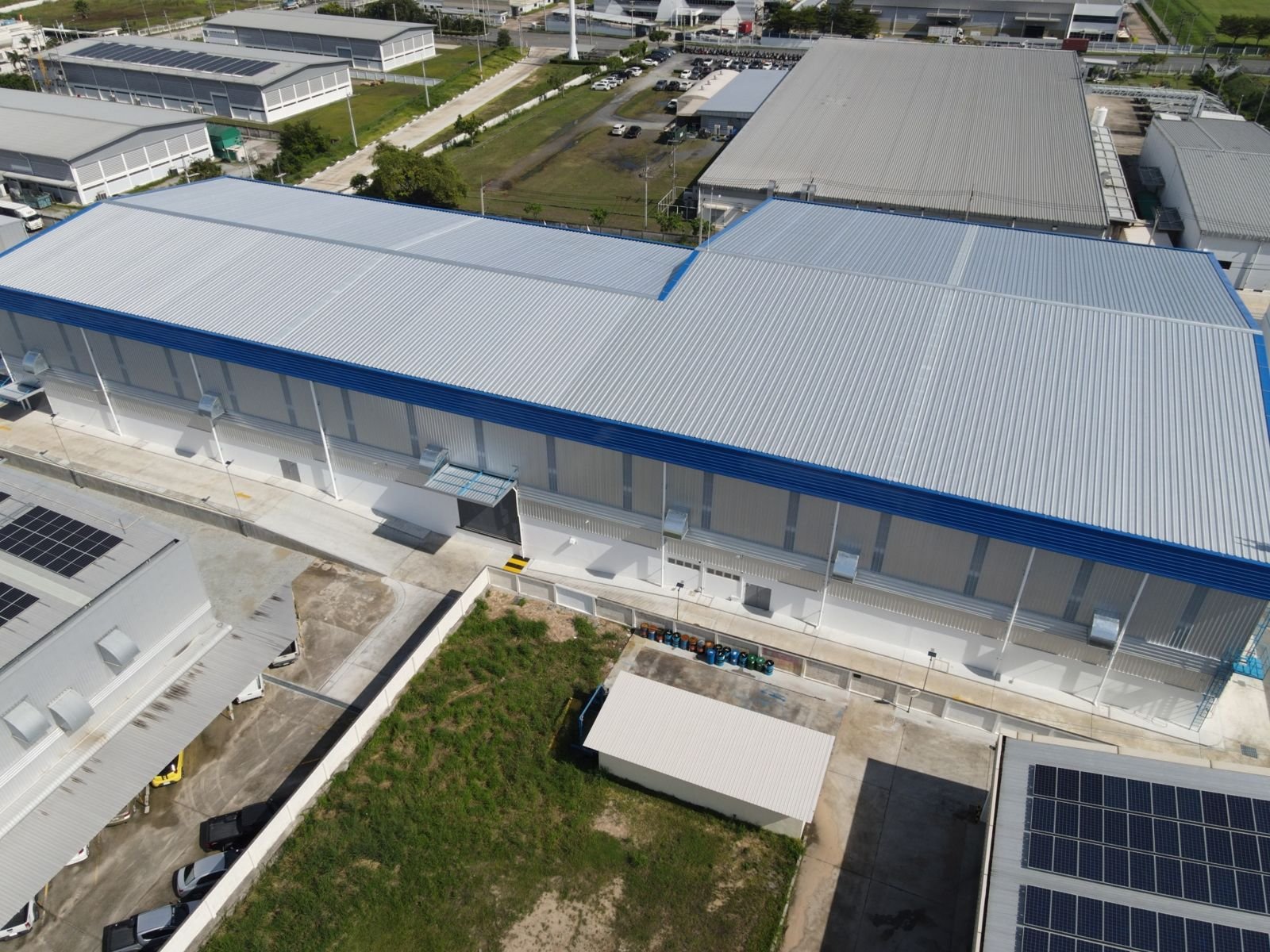 Aerial view of a warehouse and office block
